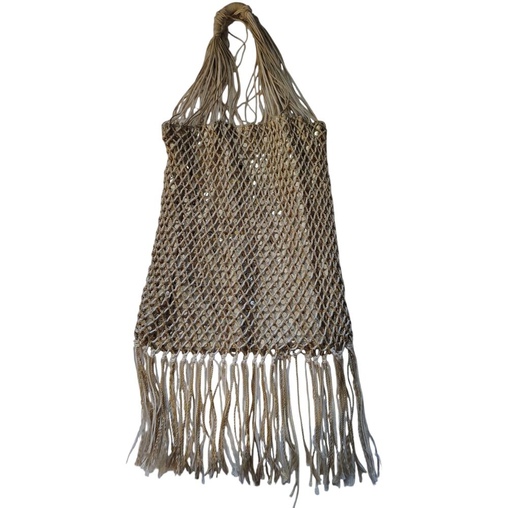 Boho Macrame Fringe Woven Net Shoulder Bag Neutral Gold Sparkle Festival Beach - Picture 2 of 4